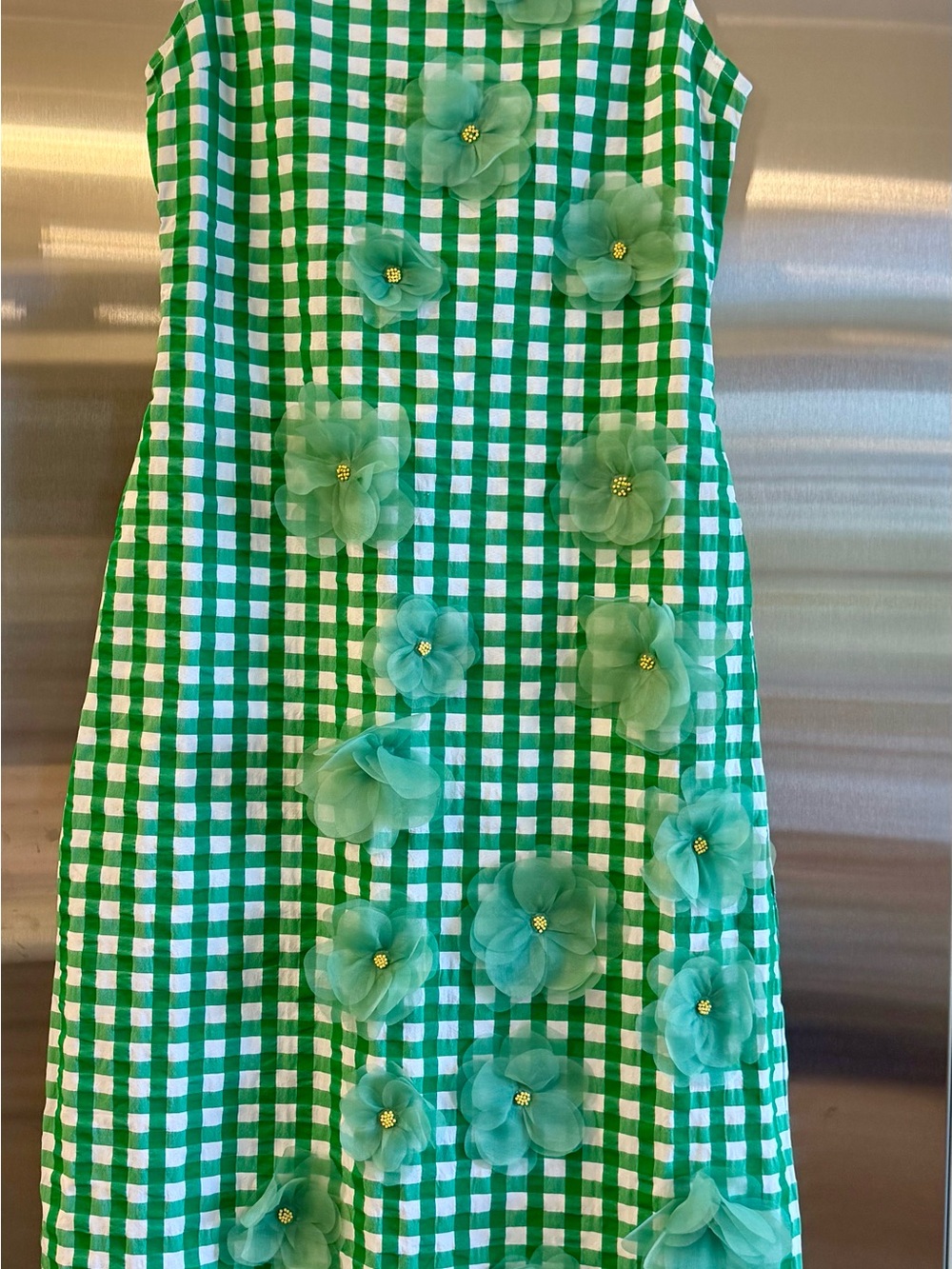 Frances Valentine Green Gingham Midi Dress with 3D Floral Appliqués - Picture 4 of 7